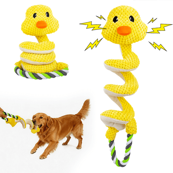 UXVA Interactive Tug‑Rope Dog Toy,Spring Spiral Duck Squeaky Dental Plush Chew Toy, Yellow