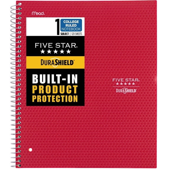 Five Star DuraShield College Rule Spiral Notebook, 11 in x 8 1/2 in, Red, 100 Pages