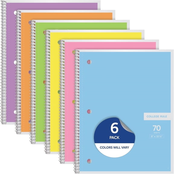 Spiral Notebook, 1 Subject, College Ruled Paper, 8 x 10-1/2 Inch, Pastel Pink, Orange, Yellow, Green, Blue and Purple, 70 Sheets, Set of 6