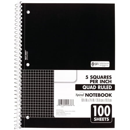 Spiral Notebook, 1 Subject, Graph Ruled Paper, 7-1/2" x 10-1/2", 100 Sheets