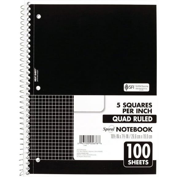 Spiral Notebook, 1 Subject, Graph Ruled Paper, 7-1/2" x 10-1/2", 100 Sheets