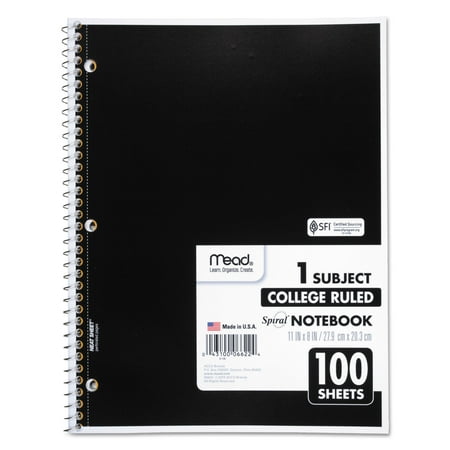 Mead Spiral Bound Notebook, Perforated, College Rule, 11 x 8, White, 100 Sheets
