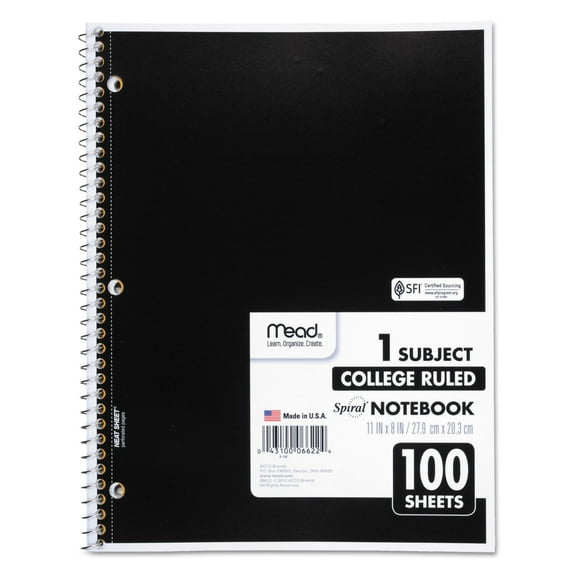 Mead Spiral Bound Notebook, Perforated, College Rule, 11 x 8, White, 100 Sheets