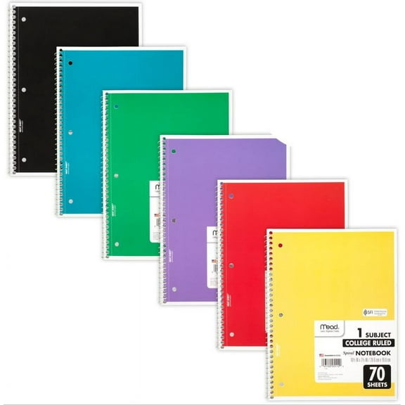 Spiral Notebook, 1 Subject, Medium/college Rule, Assorted Covers, 10.5 X 8, 70 Sheets, 6/pack | Bundle of 5 Packs