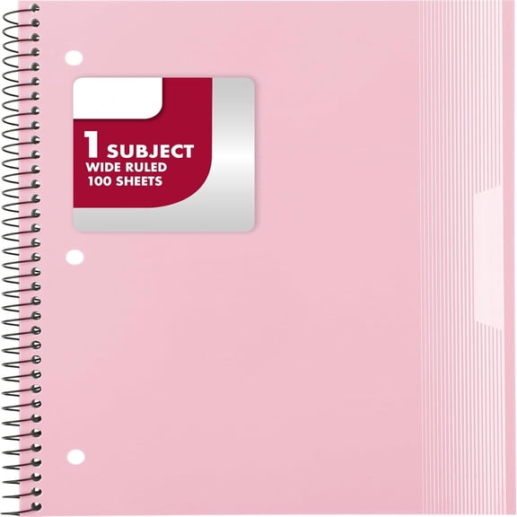 Spiral Notebook, 1 Subject, Wide Ruled Paper, Plastic Cover, 8" x 10-1/2", 100 Sheets, Pastel Pink