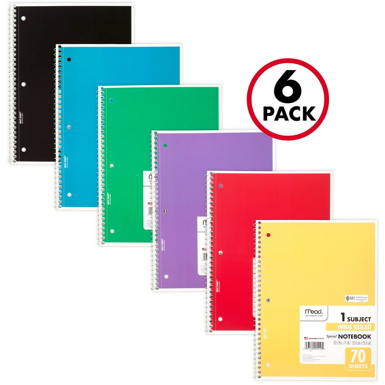 Spiral Notebook, 1-Subject, Wide/Legal Rule, Assorted Cover Colors, (70) 10.5 x 8 Sheets, 6/Pack