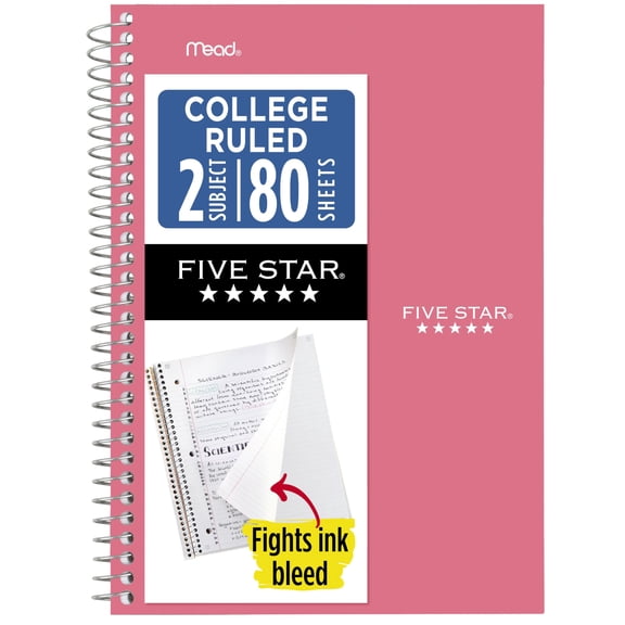 Spiral Notebook, 2 Subject, College Ruled Paper, 6" x 9-1/2", 80 Sheets, Fights Ink Bleed, Water Resistant Cover