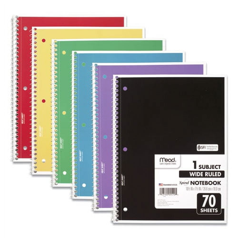 Spiral Notebook, 3-Hole Punched, 1 Subject, Wide/legal Rule, Randomly Assorted Covers, 10.5 X 7.5, 70 Sheets | Bundle of 2 Each