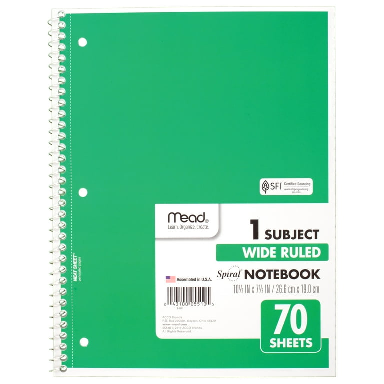 Spiral Notebook, 3-Hole Punched, 1-Subject, Wide/Legal Rule, Randomly  Assorted Cover Color, (70) 10.5 x 7.5 Sheets - ASE Direct