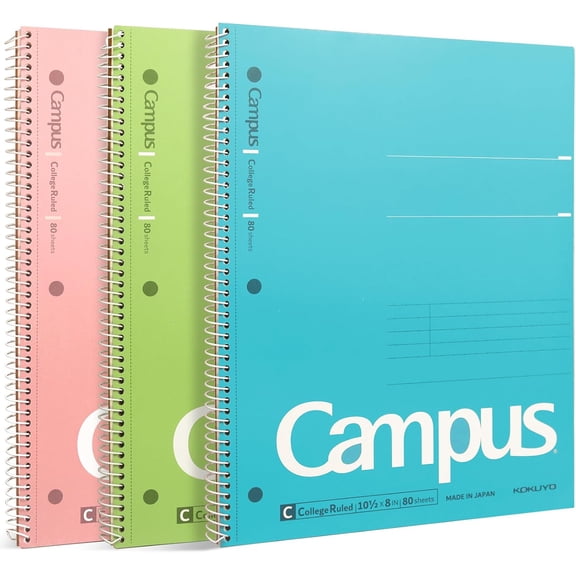 Spiral Notebook, 3 Pack Campus 10-1/2" x 8" Subject Notebooks with College Ruled, 80 Sheets, Pink Blue Green 3 Holes School Spiral Journal for Work Study Note Taking (WSG-SU-400G13)