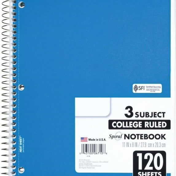 Spiral Notebook, 3 Subject, College Ruled Paper