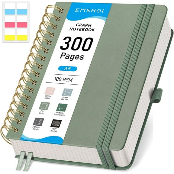 Spiral Notebook - 300 Pages, 100 GSM Thick Grid Notebook, A5 Small Hardcover Leather Journal for Women Men Writing Engineering Graphing, 5.7" x 8.22", Light Green