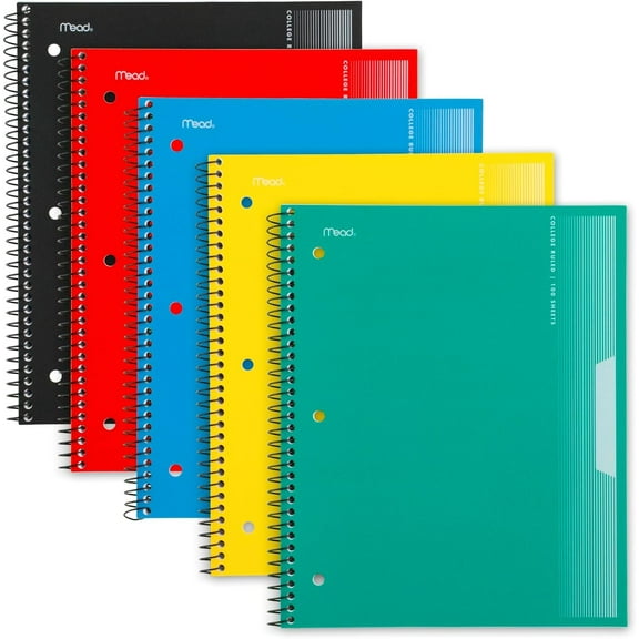 Spiral Notebook, 5 Pack, 1 Subject, College Ruled Paper, Plastic Cover, 8-1/2" x 11", 100 Sheets per Notebook, Assorted Colors (820299-AMZ-TK)