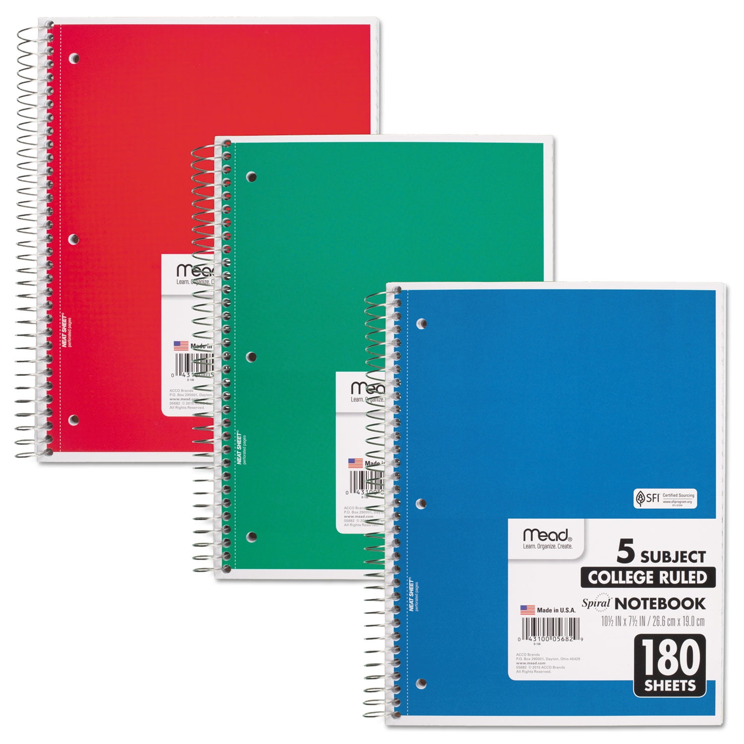 Spiral Notebook, 5-Subject, Medium/College Rule, Randomly Assorted Cover Color, (180) 10.5 x 8 Sheets | Bundle of 2 Each