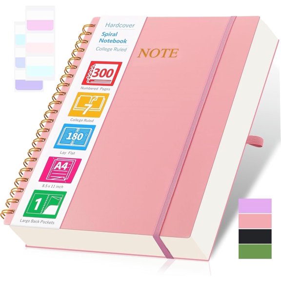Spiral Notebook, 8.5" x 11" Notebooks for Work, 300 Numbered Pages College Ruled Notebook, Large Notebook for School with 24 Tabs, A4 Notebook Journal for Women Men, Thick Paper, Pocket,