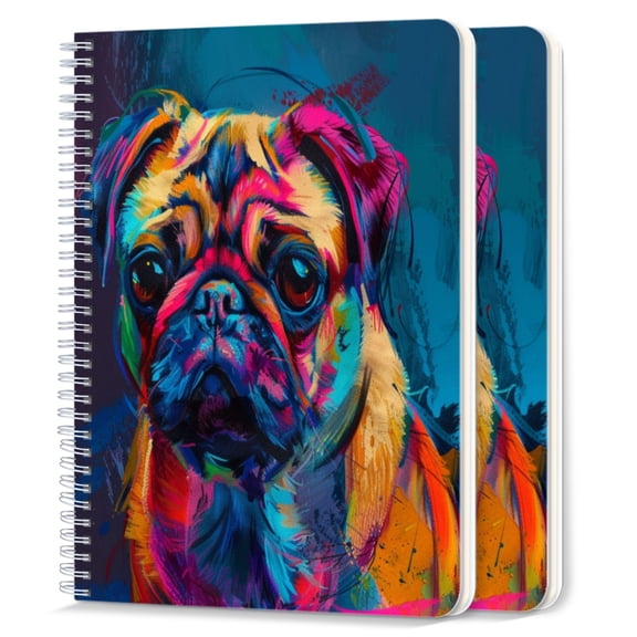 Spiral Notebook,College Ruled Journal,8.26" x 5.71" 50 Sheets/100 Pages,2 Pack - Abstract Colorful Pug Portrait Digital Art Style