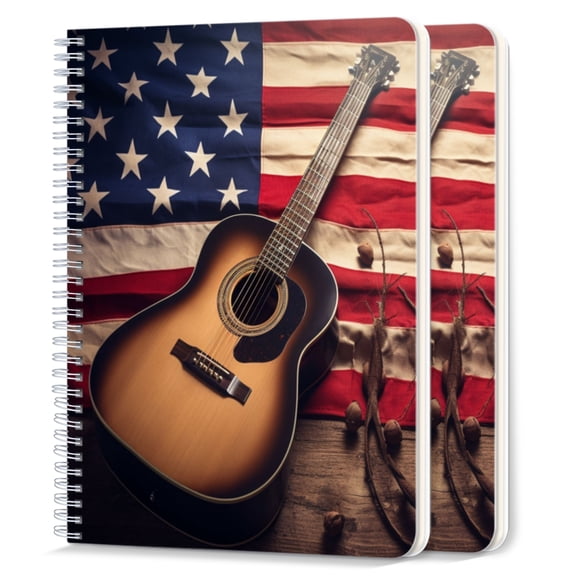 Spiral Notebook,College Ruled Journal,8.26" x 5.71" 50 Sheets/100 Pages,2 Pack - Acoustic Guitar And American Flag on Wooden Table