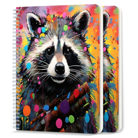 Spiral Notebook,College Ruled Journal,8.26" x 5.71" 50 Sheets/100 Pages,2 Pack - Acrylic Painting of Colorful Raccoon Playing The Flute