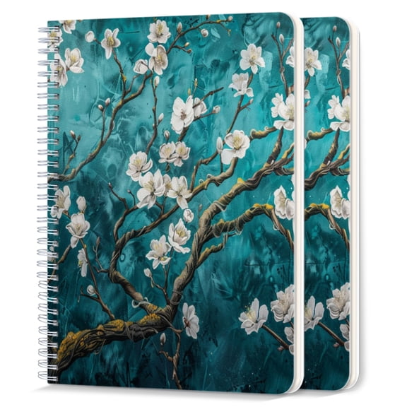 Spiral Notebook,College Ruled Journal,8.26" x 5.71" 50 Sheets/100 Pages,2 Pack - Alabaster White Magnolia Tree Branch on Teal Background