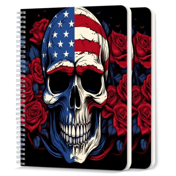 Spiral Notebook,College Ruled Journal,8.26" x 5.71" 50 Sheets/100 Pages,2 Pack - American Flag With Skull And Red Flowers
