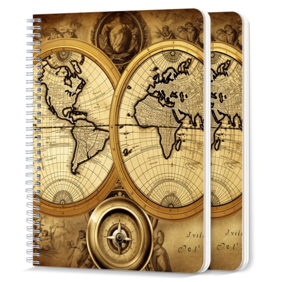 Spiral Notebook,College Ruled Journal,8.26" x 5.71" 50 Sheets/100 Pages,2 Pack - Antique World Map With Old Compass