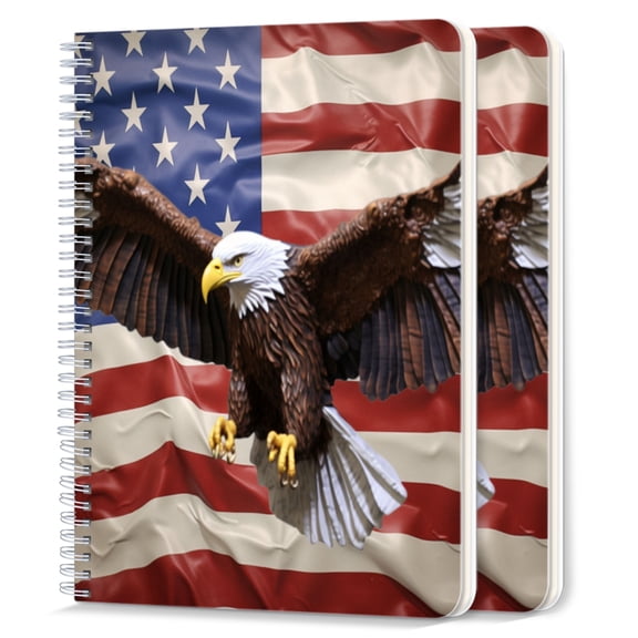 Spiral Notebook,College Ruled Journal,8.26" x 5.71" 50 Sheets/100 Pages,2 Pack - Bald Eagle Flying Over American Flag Background
