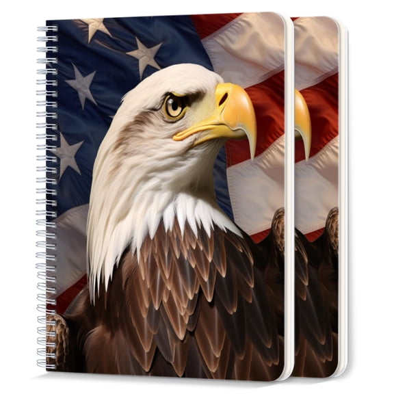Spiral Notebook,College Ruled Journal,8.26" x 5.71" 50 Sheets/100 Pages,2 Pack - Bald Eagle in Front of American Flag With High Resolution