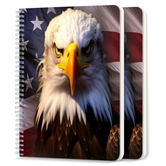 Spiral Notebook,College Ruled Journal,8.26" x 5.71" 50 Sheets/100 Pages,2 Pack - Bald Eagle in Front of American Flag