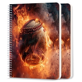 Spiral Notebook,College Ruled Journal,8.26" x 5.71" 50 Sheets/100 Pages,2 Pack - Baseball on Fire Surrounded By Flames And Sparks