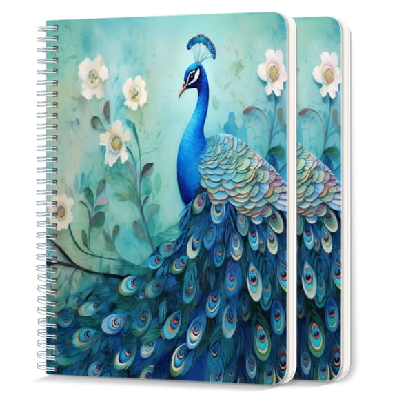 Spiral Notebook,College Ruled Journal,8.26" x 5.71" 50 Sheets/100 Pages,2 Pack - Beautiful Blue Peacock With Feathers Spread Out