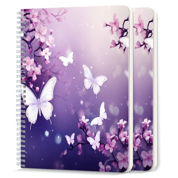 Spiral Notebook,College Ruled Journal,8.26" x 5.71" 50 Sheets/100 Pages,2 Pack - Beautiful Butterflies Flying in The Purple Sky Surrounded By Pink Cherry Blossoms
