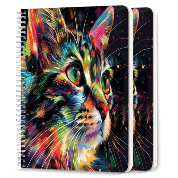 Spiral Notebook,College Ruled Journal,8.26" x 5.71" 50 Sheets/100 Pages,2 Pack - Beautiful, Colorful Cat Detailed Vector Art Portrait