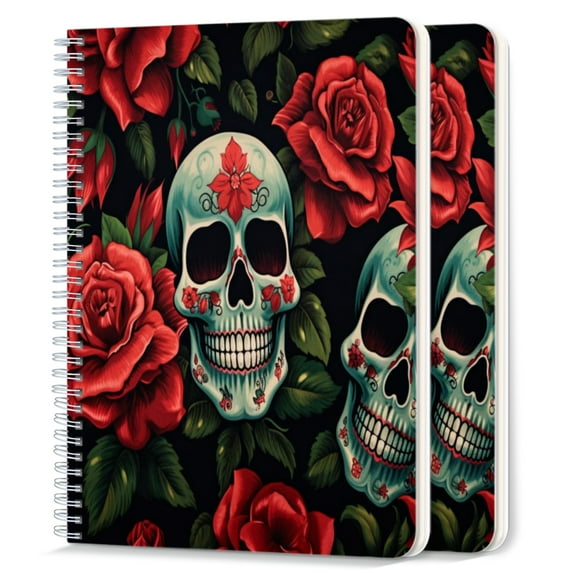 Spiral Notebook,College Ruled Journal,8.26" x 5.71" 50 Sheets/100 Pages,2 Pack - Beautiful Pattern of Pop Art Skulls With Red Roses