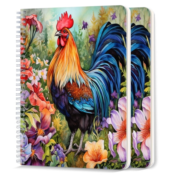 Spiral Notebook,College Ruled Journal,8.26" x 5.71" 50 Sheets/100 Pages,2 Pack - Beautiful Rooster Standing in The Middle of Colorful Flowers