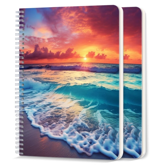 Spiral Notebook,College Ruled Journal,8.26" x 5.71" 50 Sheets/100 Pages,2 Pack - Beautiful Sunset Over The Ocean With Waves And Beach