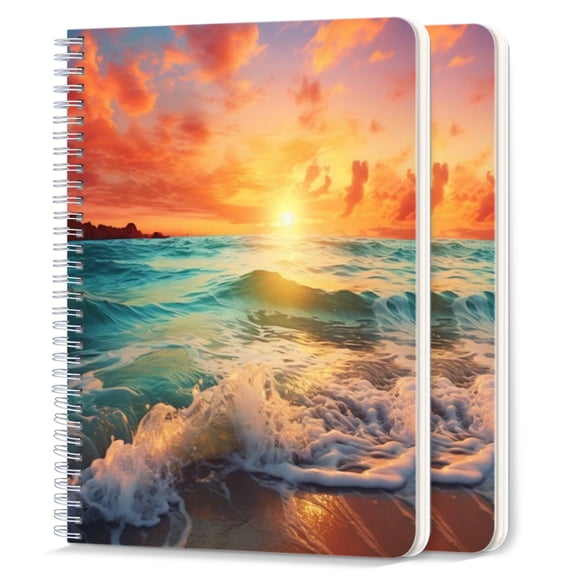 Spiral Notebook,College Ruled Journal,8.26" x 5.71" 50 Sheets/100 Pages,2 Pack - Beautiful Sunset Over The Ocean With Waves Crashing on The Shore
