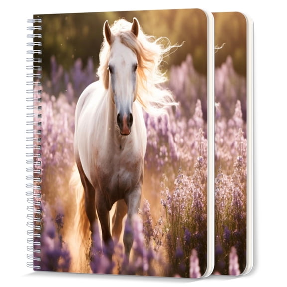 Spiral Notebook,College Ruled Journal,8.26" x 5.71" 50 Sheets/100 Pages,2 Pack - Beautiful White Horse With Long Mane Running in Field