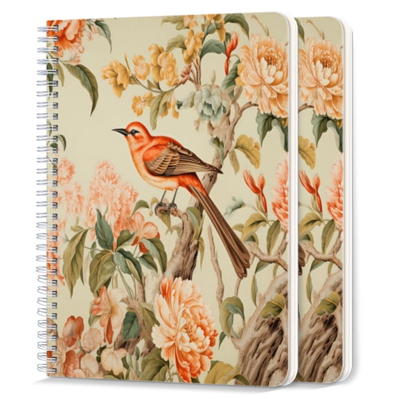 Spiral Notebook,College Ruled Journal,8.26" x 5.71" 50 Sheets/100 Pages,2 Pack - Bird in The Style of Chinoiserie