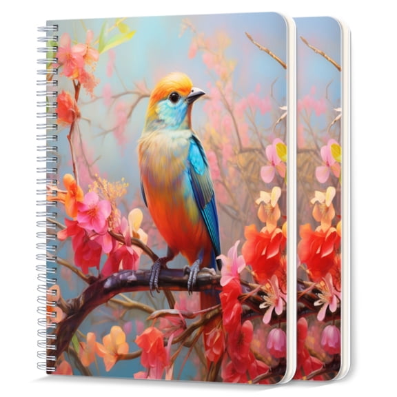 Spiral Notebook,College Ruled Journal,8.26" x 5.71" 50 Sheets/100 Pages,2 Pack - Bird on Background of Flowers Image