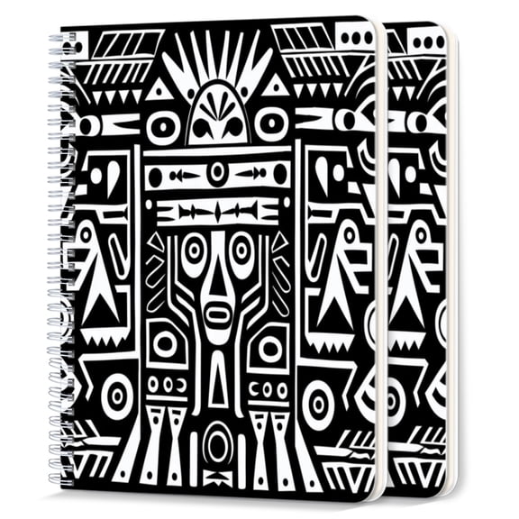 Spiral Notebook,College Ruled Journal,8.26" x 5.71" 50 Sheets/100 Pages,2 Pack - Black And White Vector Illustration of Aztec