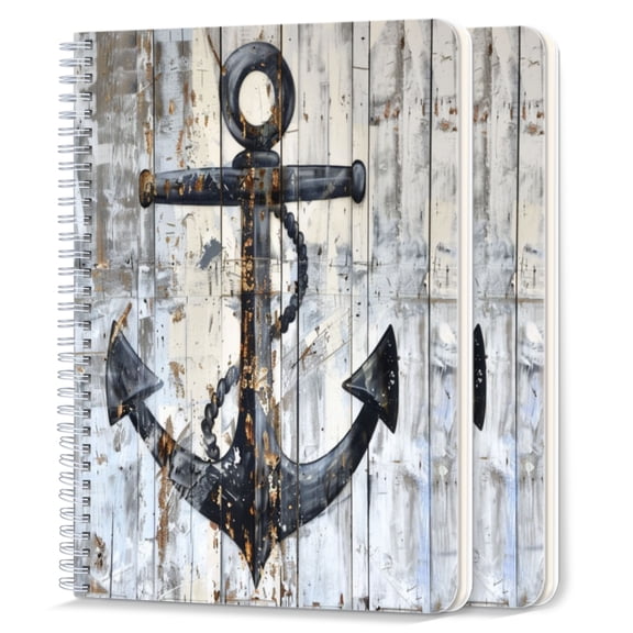 Spiral Notebook,College Ruled Journal,8.26" x 5.71" 50 Sheets/100 Pages,2 Pack - Black Nautical Anchor on White Painted Wood