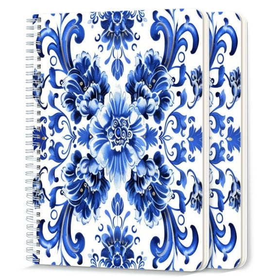Spiral Notebook,College Ruled Journal,8.26" x 5.71" 50 Sheets/100 Pages,2 Pack - Blue And White Porcelain Pattern Symmetrical Composition