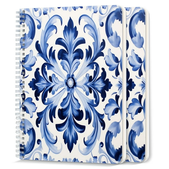 Spiral Notebook,College Ruled Journal,8.26" x 5.71" 50 Sheets/100 Pages,2 Pack - Blue And White Porcelain Pattern Symmetrical Composition With Ornate Details