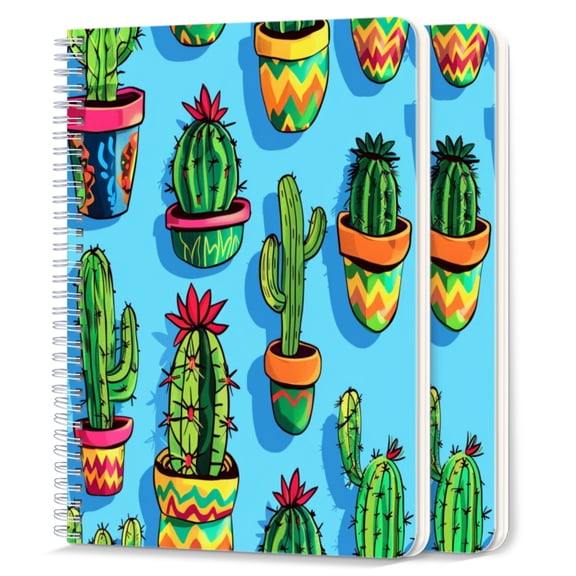 Spiral Notebook,College Ruled Journal,8.26" x 5.71" 50 Sheets/100 Pages,2 Pack - Cacti in Pots With Mexican Patterns And Shapes