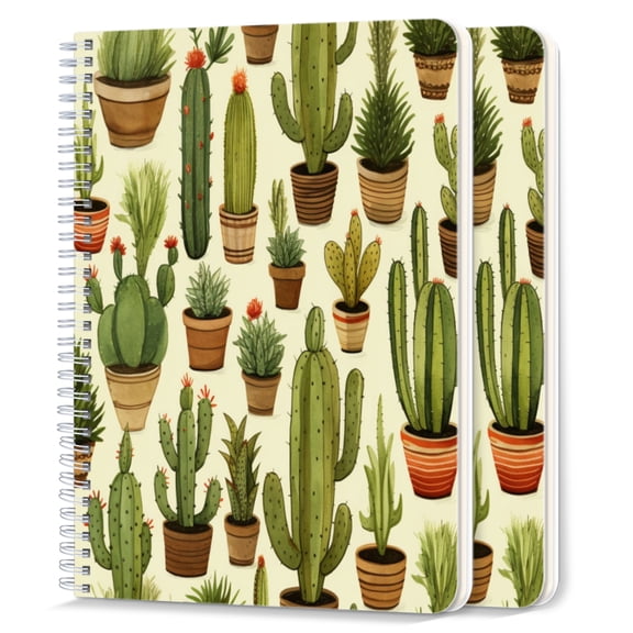 Spiral Notebook,College Ruled Journal,8.26" x 5.71" 50 Sheets/100 Pages,2 Pack - Cacti in Pots on Beige Background