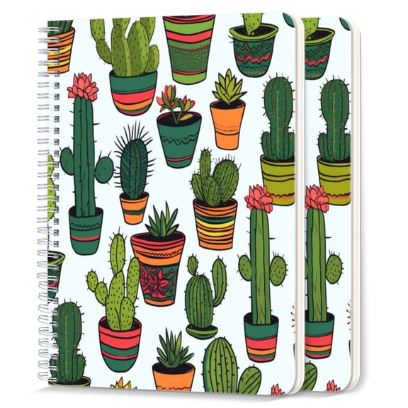 Spiral Notebook,College Ruled Journal,8.26" x 5.71" 50 Sheets/100 Pages,2 Pack - Cactus And Succulents in Pots