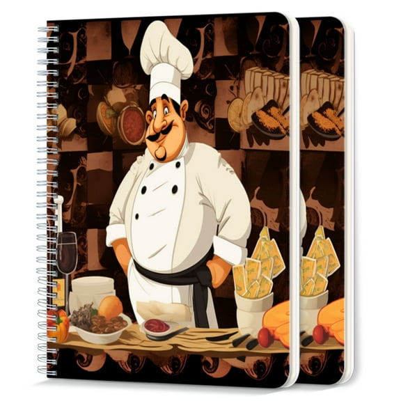 Spiral Notebook,College Ruled Journal,8.26" x 5.71" 50 Sheets/100 Pages,2 Pack - Cartoon Chef Character Is Surrounded By Various Types of Food