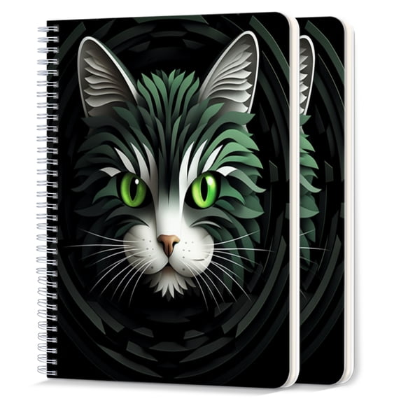 Spiral Notebook,College Ruled Journal,8.26" x 5.71" 50 Sheets/100 Pages,2 Pack - Cat Face With Green Eyes on Black Background