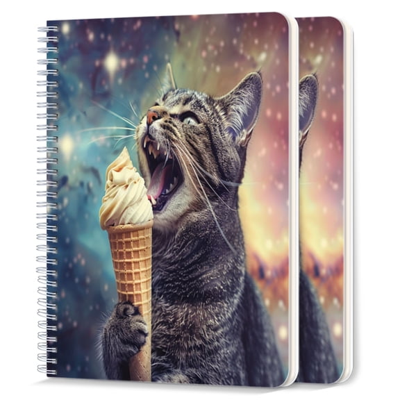 Spiral Notebook,College Ruled Journal,8.26" x 5.71" 50 Sheets/100 Pages,2 Pack - Cat Joyfully Eating Ice Cream Cone in Space