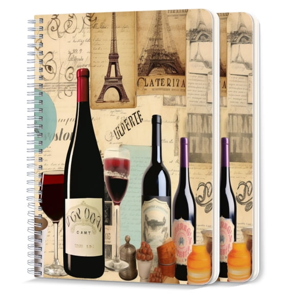 Spiral Notebook,College Ruled Journal,8.26" x 5.71" 50 Sheets/100 Pages,2 Pack - Collage of Vintage Wine Labelslike The Eiffel tower